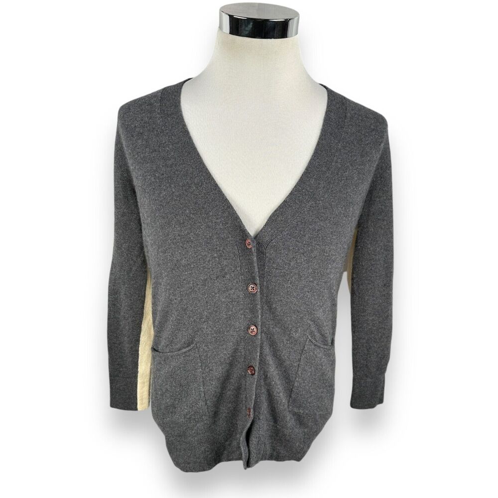 360 Cashmere Cardigan Sweater Women’s Small Gray Ivory Front Pockets Long Sleeve